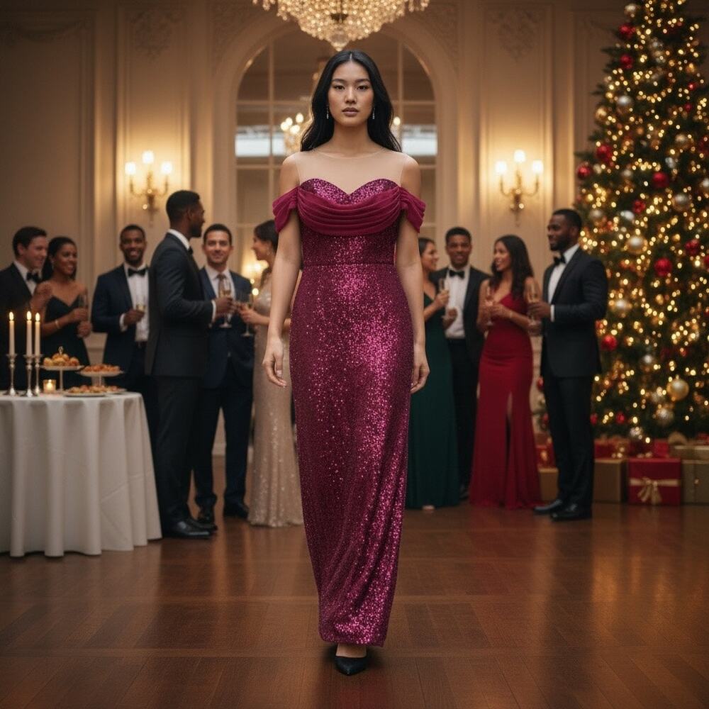 Tadashi Shoji Pomegranate Sequin Off the Shoulder Gown Size 4 NWT MSRP $780